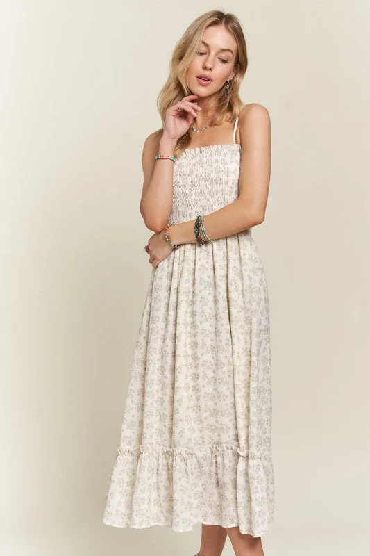 Midi dresses with animal prints for a bold and confident appearance ADORA Smocked Floral Ruffled Hem Cami Dress