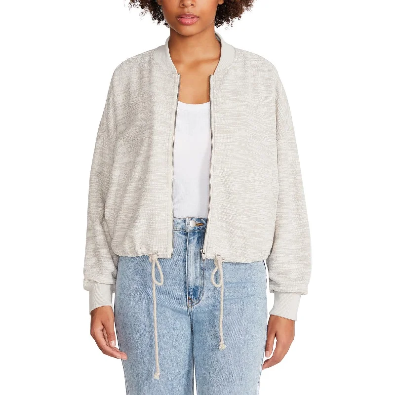 Yves Womens Textured Ribbed Trim Bomber Jacket