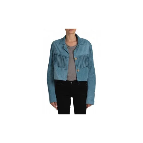 AMIRI Blue Cropped Fringe Biker Jacket