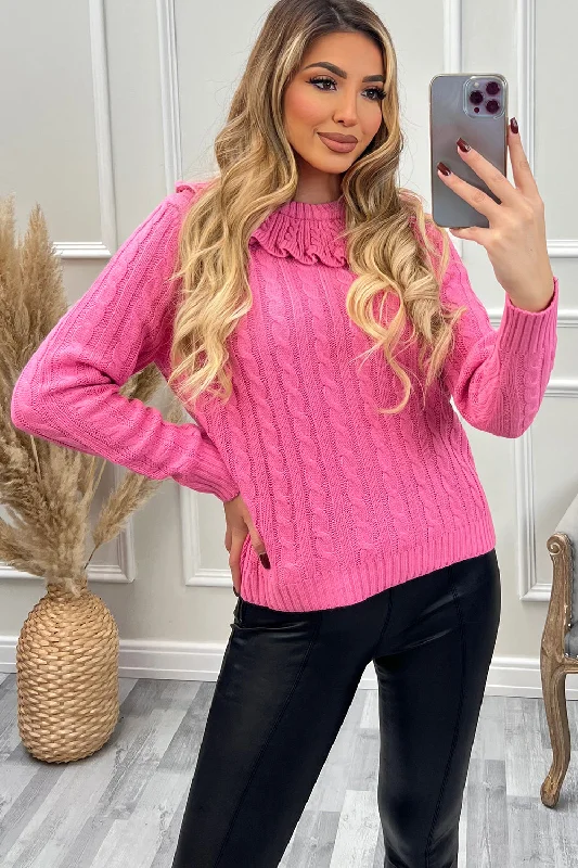 Connie Pink Frill Collar Cable Knit Jumper