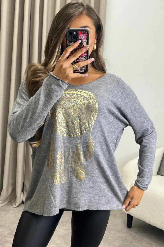 Fifi Grey Gold Foil Graphic Print Knitted Oversized Top