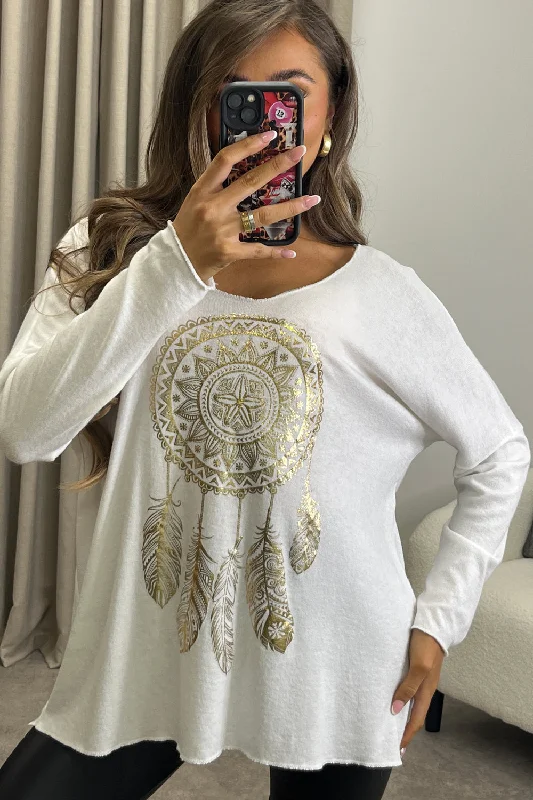 Fifi White Gold Foil Graphic Print Knitted Oversized Top