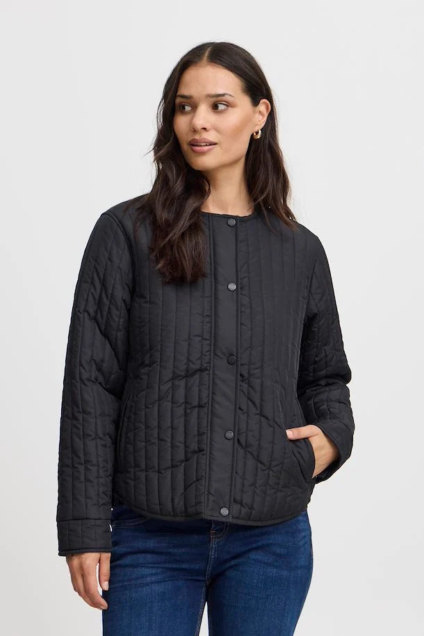 Fransa Black Collarless Short Quilted Jacket