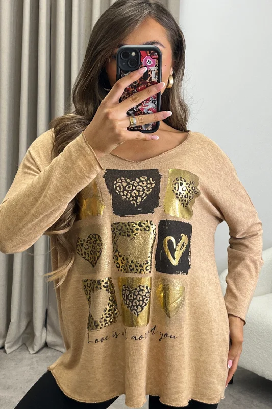 Laurelle Dark Beige Leopard Print Heart Slogan Knitted Oversized Top