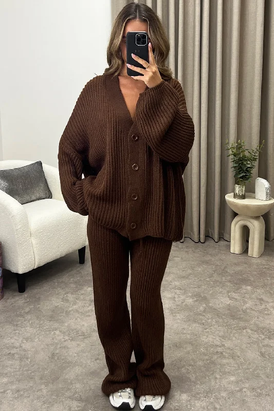 Mandi Brown Ribbed Knit Cardigan and Trousers Loungewear Set