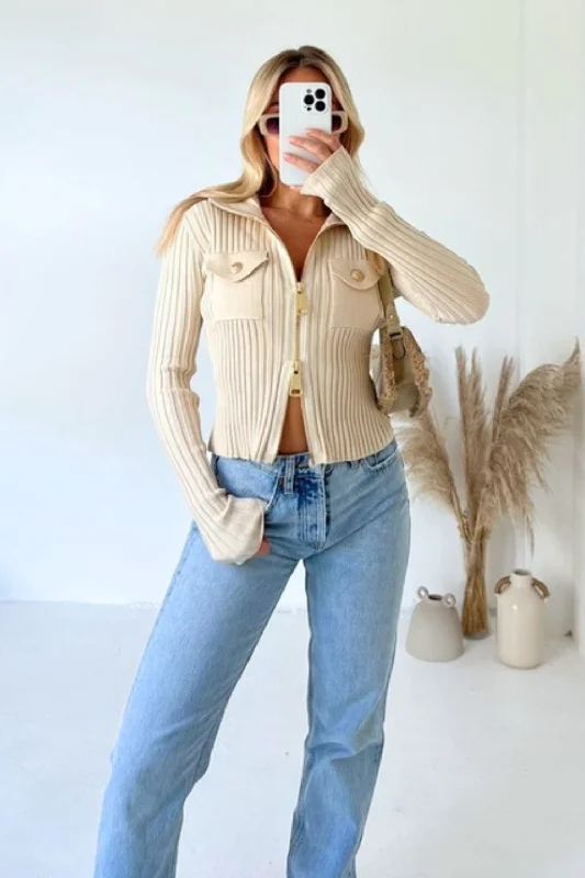 Mia cream rib knit zip cardigan