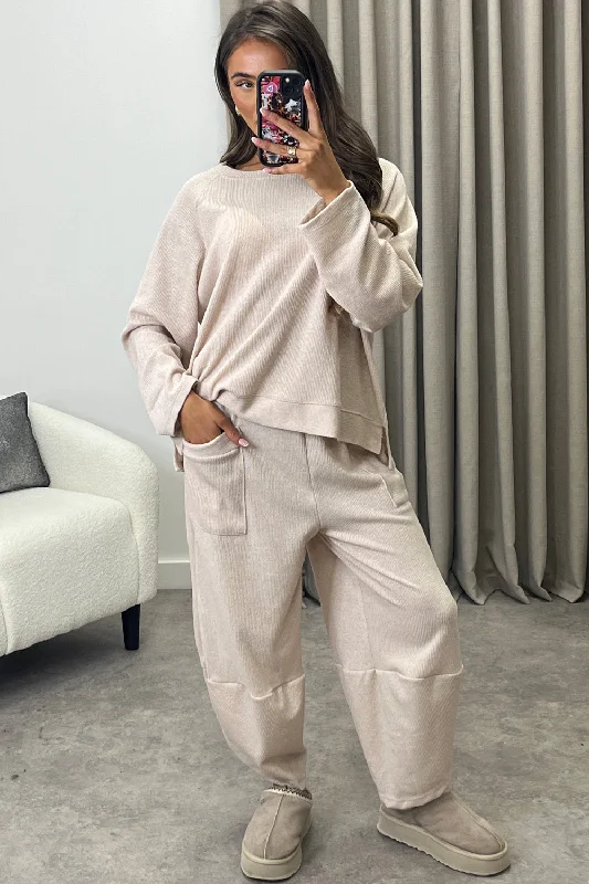 Rosetta Beige Oversized Top and Trousers Knit Co-Ord Set