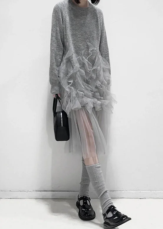 Art Grey Ruffled Solid Tulle Patchwork Knit Dress