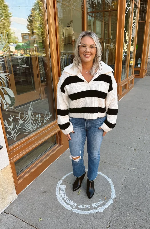 Black & Ivory Striped Collared Prep Sweater