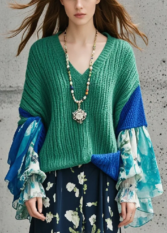 Boho Tea Green V Neck Patchwork Print Sweater Tops Fall