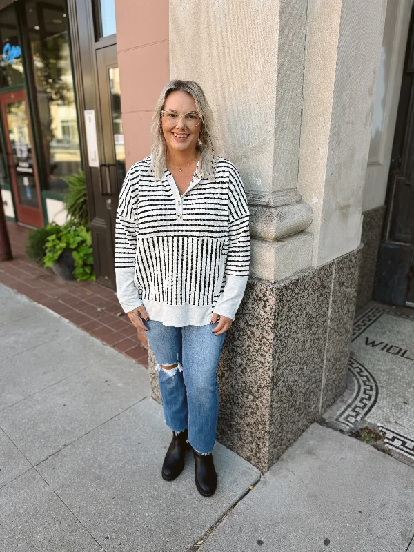 Cream and Black Striped Hoodie Top