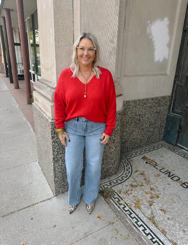 Ribbed Trim V Neck Sweater-Red