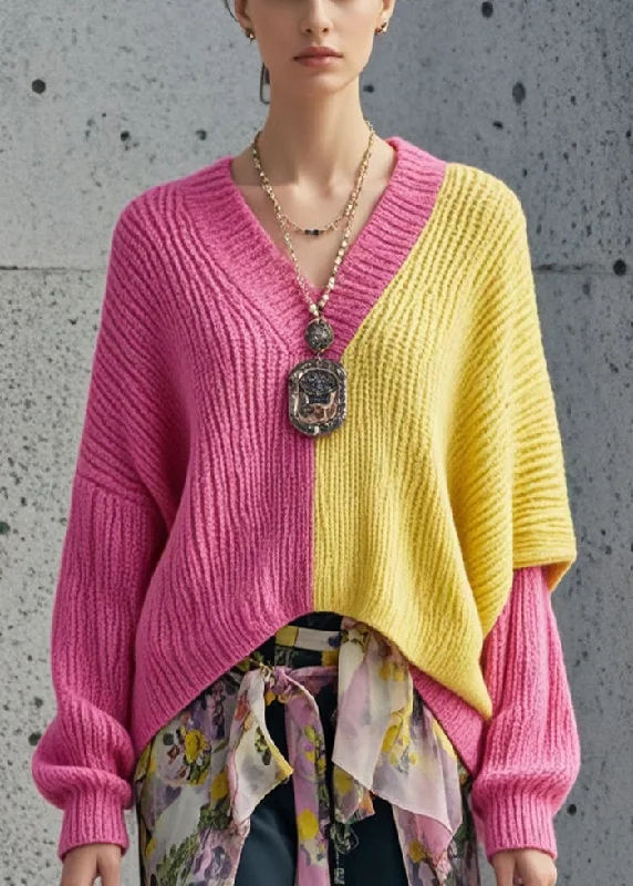 Style Colorblock Oversized Patchwork Sweaters Batwing Sleeve