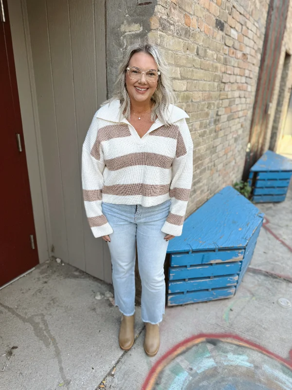 Taupe & Ivory Striped Collared Prep Sweater