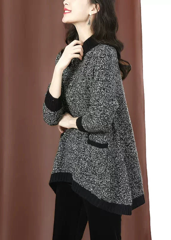 Unique Black Half Hign Neck Pockets Low High Design Knit Sweaters Spring