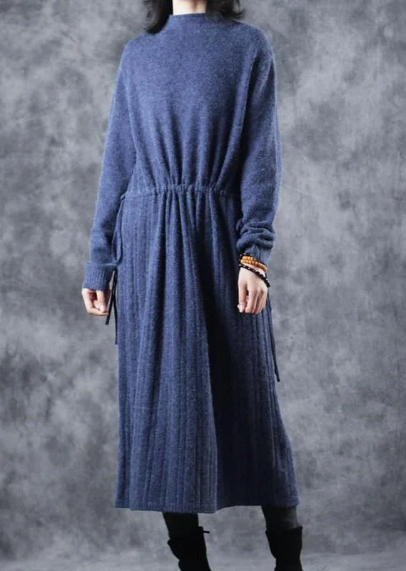 vintage blue sweater dresses fall fashion Turtleneck tie waist long knit sweaters