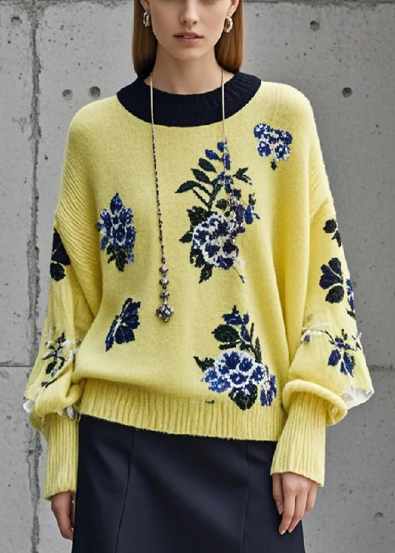 Women Yellow Jacquard Thick Short Sweaters Fall