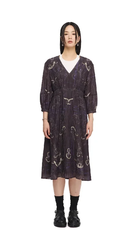 French Curve Ruler Print Puff-Sleeves Dress