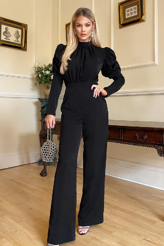 Black High Neck Puff Sleeve Jumpsuit