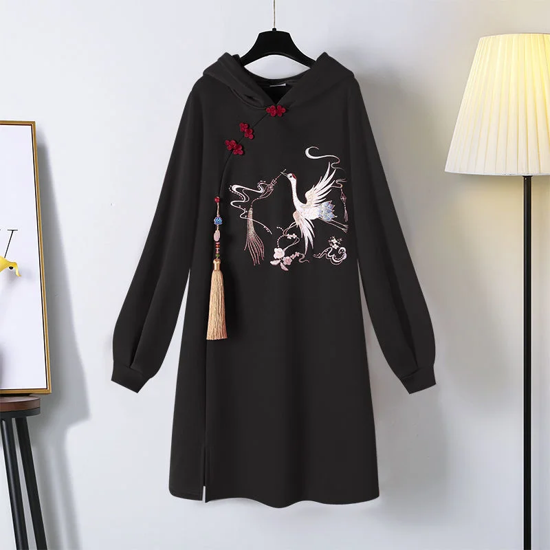 Blessing Swan Embroidery Hoodie Sweatshirt Dress - Embrace Elegance! ??