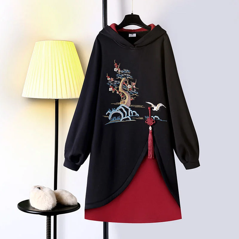 Millennium Tree Embroidery Hoodie Sweatshirt Dress - Embrace Nature's Elegance! ??