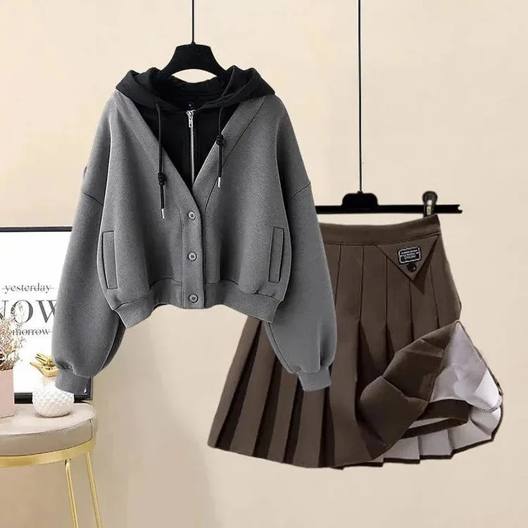 Grey Hoodie+Brown Skirt