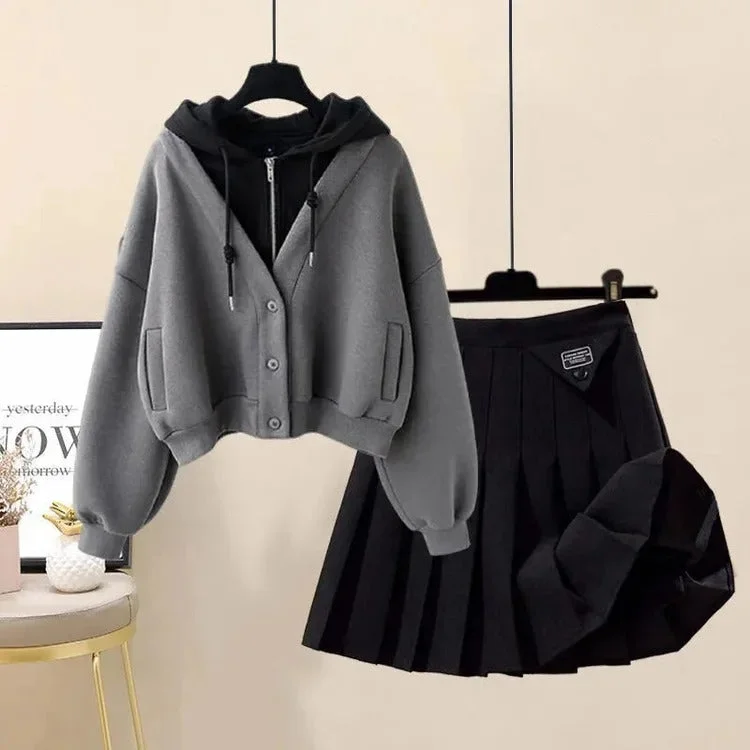 Grey Hoodie+Black Skirt