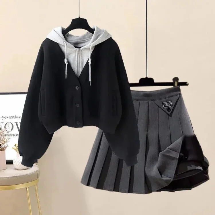 Black Hoodie+Grey Skirt