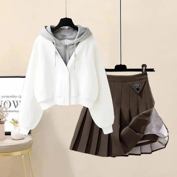 White Hoodie+Brown Skirt