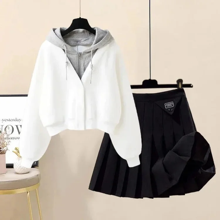 White Hoodie+Black Skirt