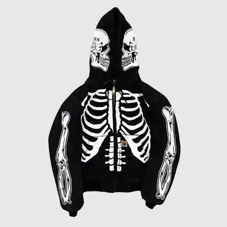 Rebel Elegance: Punk Gothic Skeleton Print Hooded Sweatshirt - Unleash Your Dark Style! ??