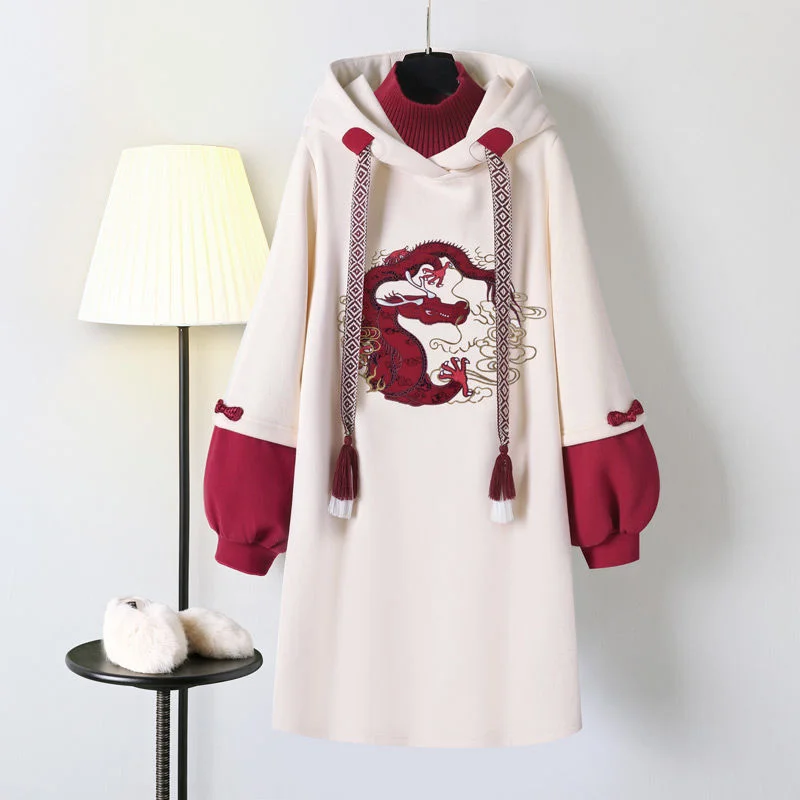 Red Dragon Embroidery Hoodie Sweatshirt Dress - Unleash Your Inner Dragon ??