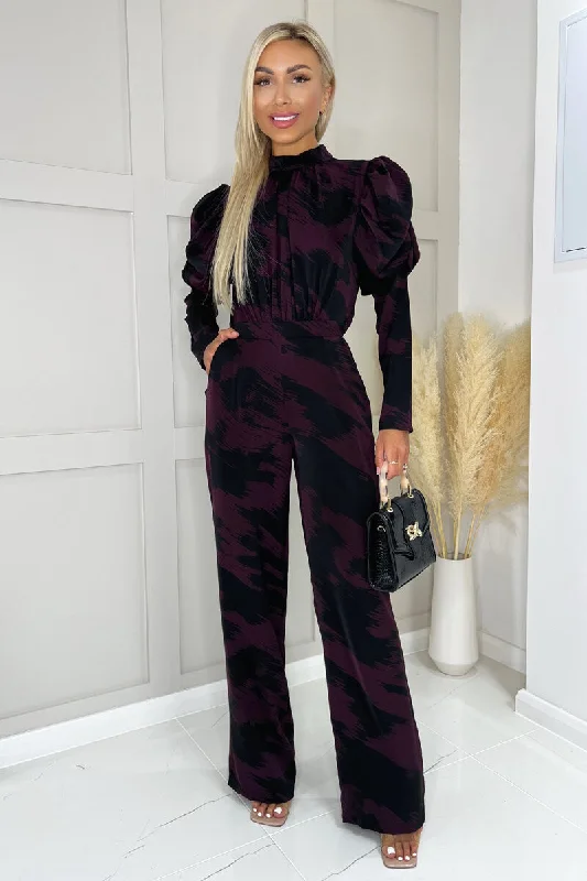 Wine Printed High Neck Puff Sleeve Jumpsuit