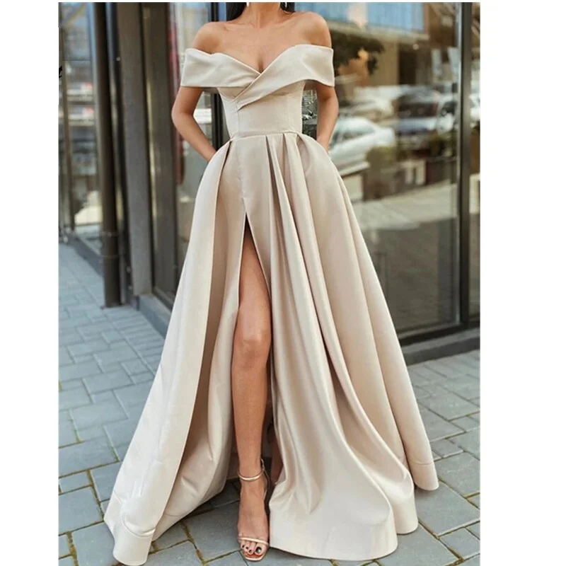 FashionSierra - Off the Shoulder Emerald Green Satin Long Prom Dresses