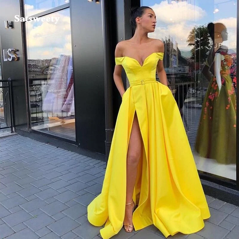 FashionSierra - Sexy Off The Shoulder Simple Satin Front Split Prom Gowns