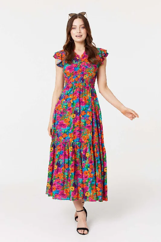 Floral Frill Cap Sleeve Midi Dress