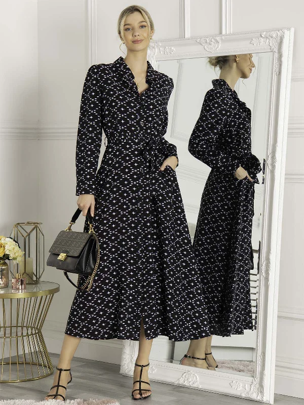 Aneth Star Print Flared Midi Shirt Dress, Navy Star