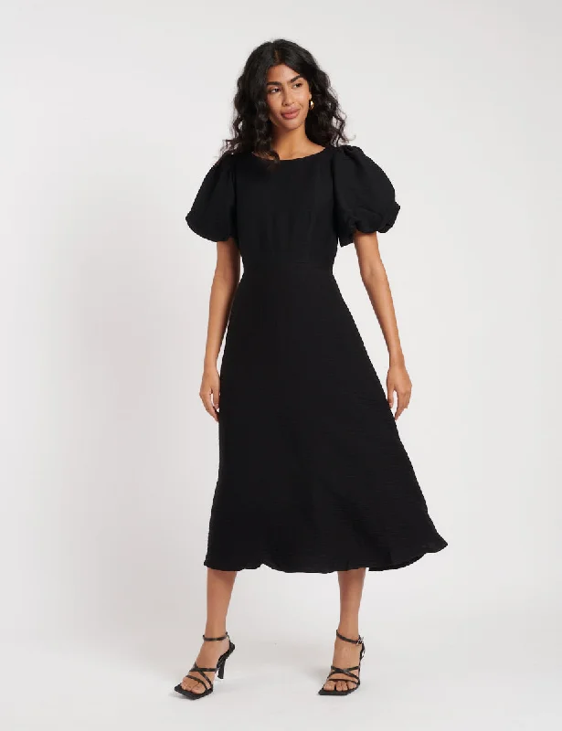 Black Puff Sleeve Zora Midi Dress