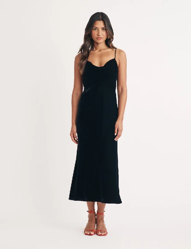 Black Velvet Cowl Neck Trixie Midi Dress