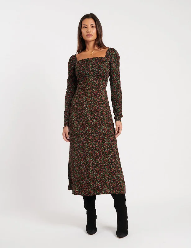 Black Fruit Print Abby Midi Dress