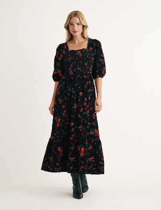 Black Floral Cord Elsa Midi Dress