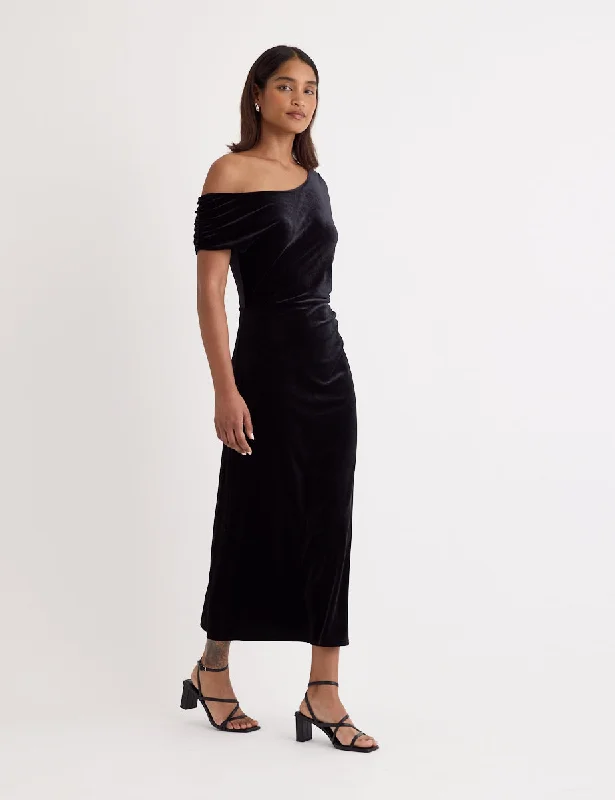 Black Velvet Off Shoulder Skylar Midi Dress