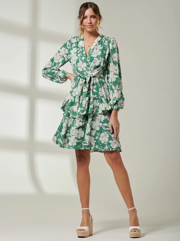 Casey Long Sleeve Tie Front Dress, Green Floral