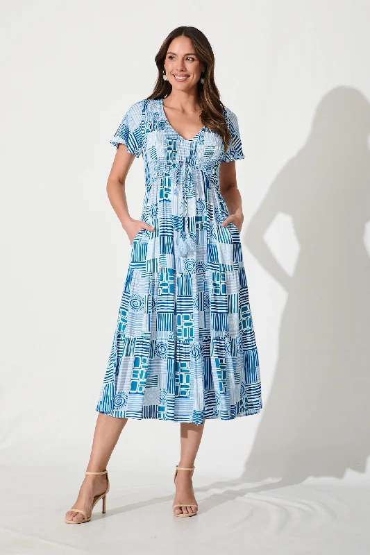 Damla Midi Dress In Multi Blue Print