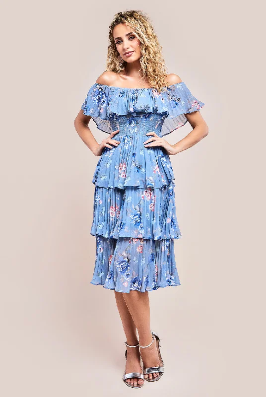 Goddiva Pleated Bodice Chiffon Tiered Midi Dress - Blue