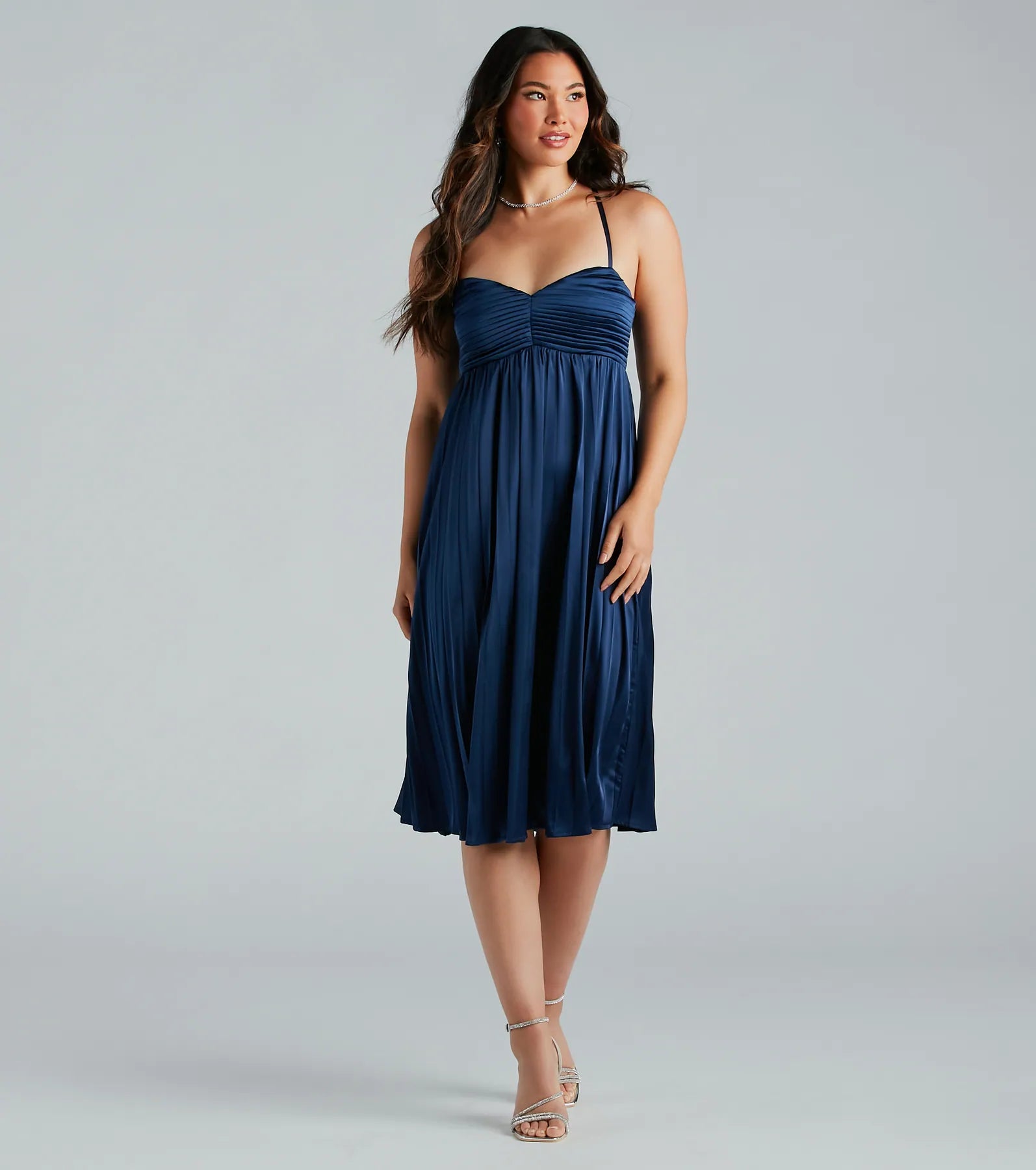 Hailee Formal Satin Pleated A-Line Midi Dress