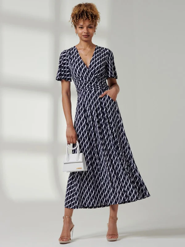 Jaylynn Flare Sleeve Jersey Maxi Dress, Navy Geo