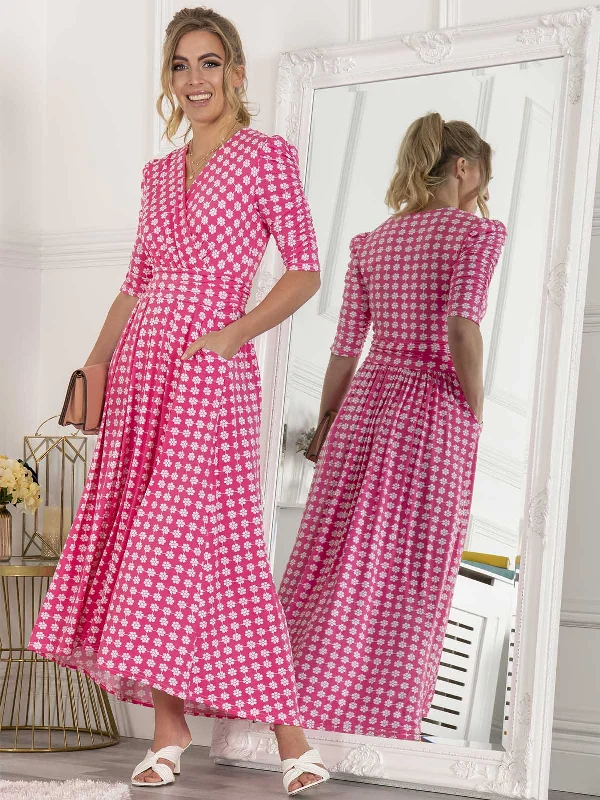 Jolie Moi Elenora Ruched Sleeve Maxi Dress, Pink Pattern