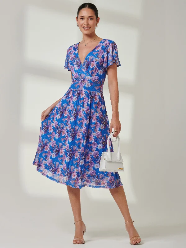 Jolie Moi Kaylynn Wrap Mesh Dress, Blue Floral