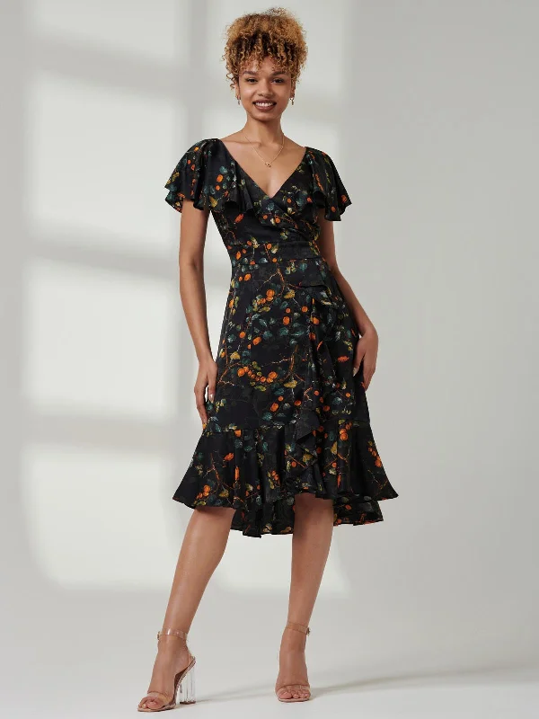 Julissa Satin Flare Hem Dress, Black Multi